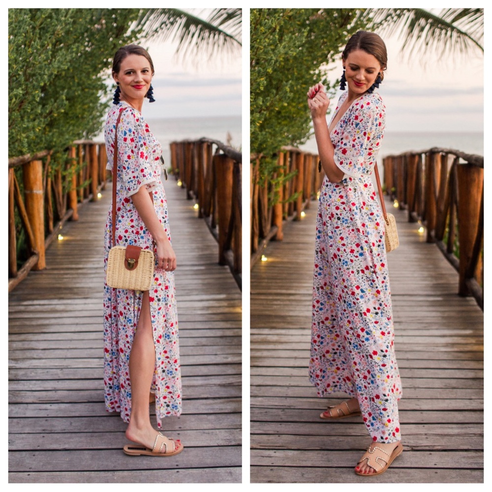 Floral White Maxi Dress with Side Slit